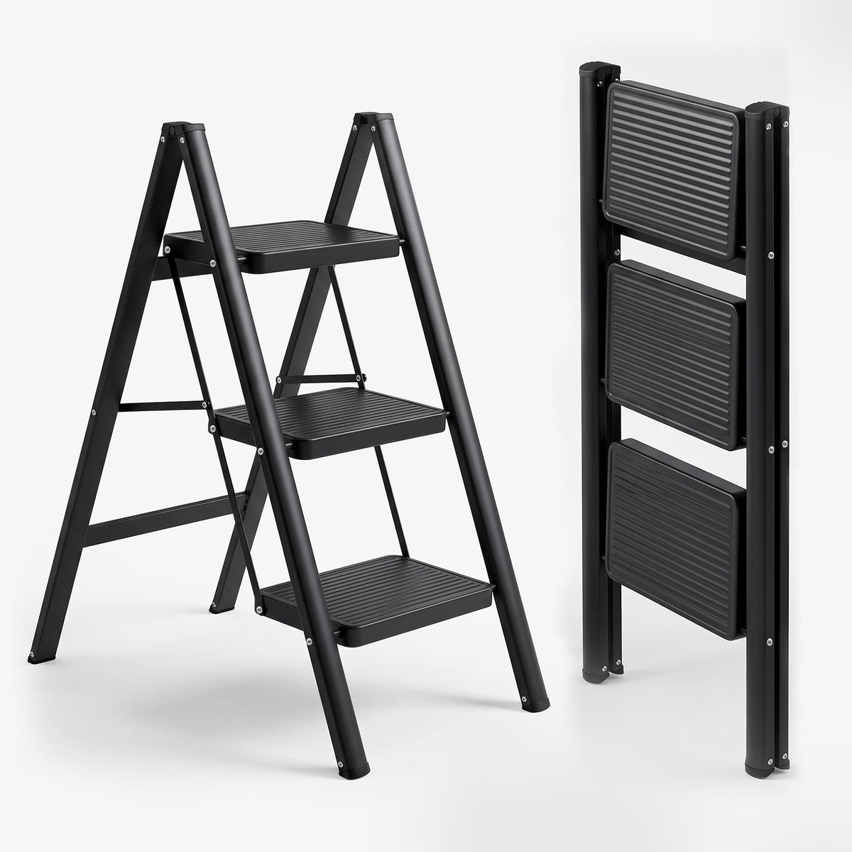 Corvids 3-Step Heavy-Duty Carbon Steel Step Stool, 2-Year Warranty, Anti-Slip Wide Steps, Portable Multipurpose Folding Step Ladder for Home, Kitchen & Office Use (Black )