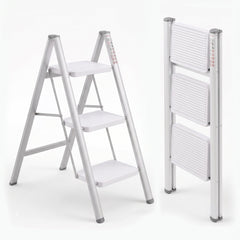 Corvids 3-Step Heavy-Duty Carbon Steel Step Stool, 2-Year Warranty, Anti-Slip Wide Steps, Portable Multipurpose Folding Step Ladder for Home, Kitchen & Office Use (White)-1