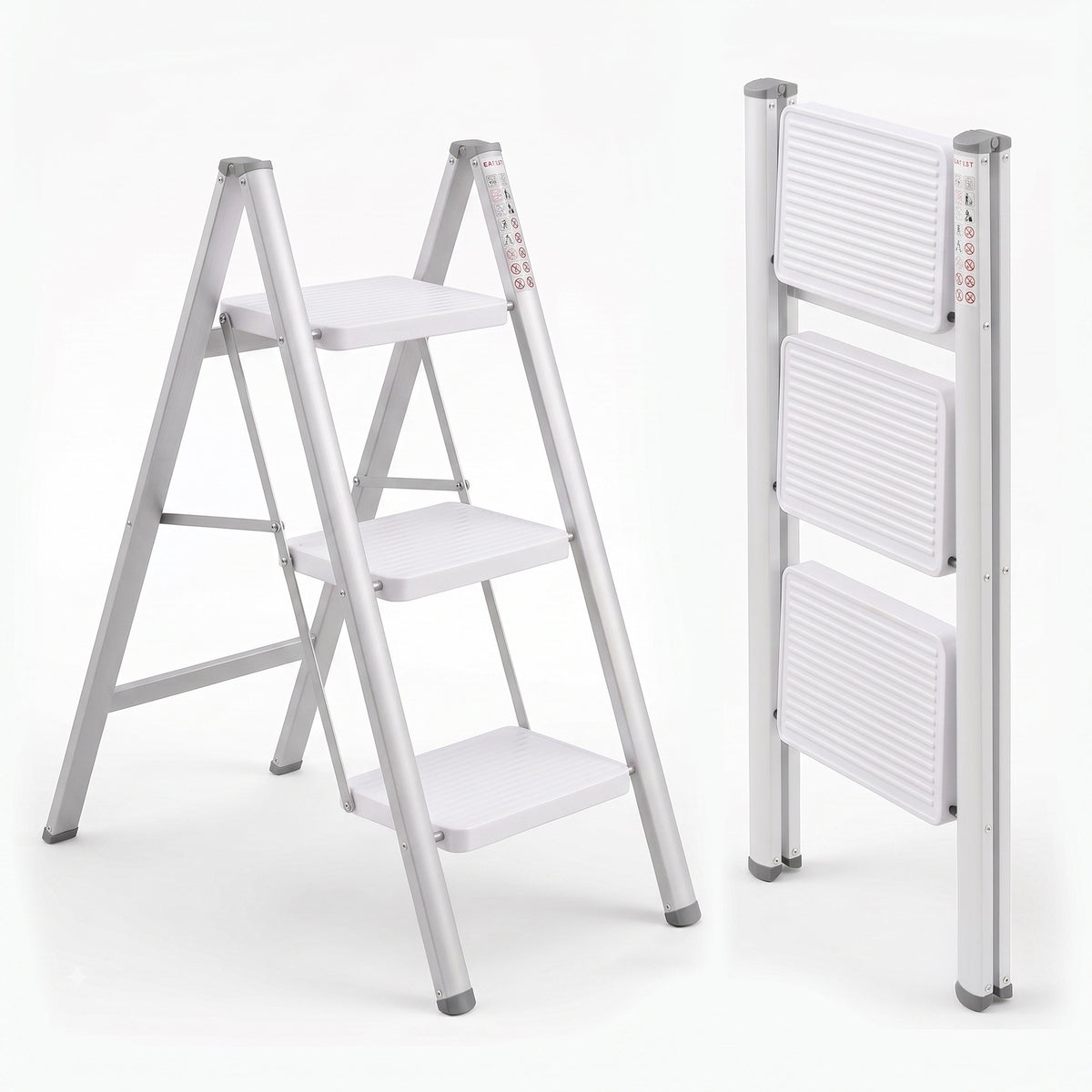 Corvids 3-Step Heavy-Duty Carbon Steel Step Stool, 2-Year Warranty, Anti-Slip Wide Steps, Portable Multipurpose Folding Step Ladder for Home, Kitchen & Office Use (White)