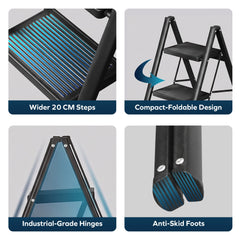 Corvids 3-Step Heavy-Duty Carbon Steel Step Stool, 2-Year Warranty, Anti-Slip Wide Steps, Portable Multipurpose Folding Step Ladder for Home, Kitchen & Office Use (Black )-2