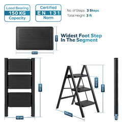 Corvids 3-Step Heavy-Duty Carbon Steel Step Stool, 2-Year Warranty, Anti-Slip Wide Steps, Portable Multipurpose Folding Step Ladder for Home, Kitchen & Office Use (Black )-3