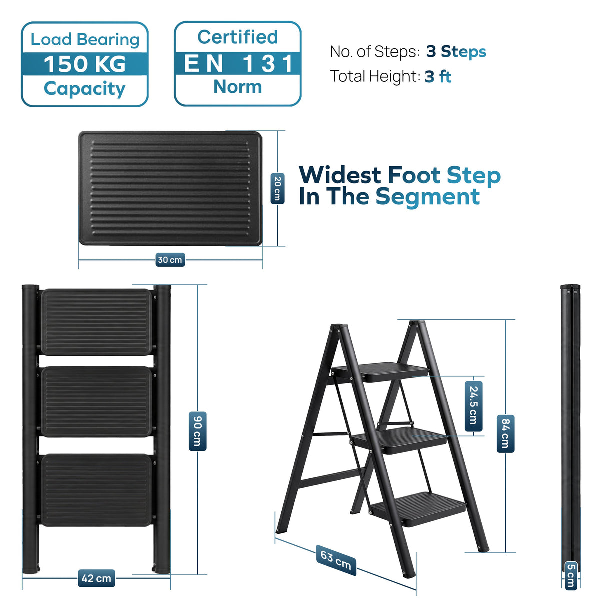 Corvids 3-Step Heavy-Duty Carbon Steel Step Stool, 2-Year Warranty, Anti-Slip Wide Steps, Portable Multipurpose Folding Step Ladder for Home, Kitchen & Office Use (Black )-3