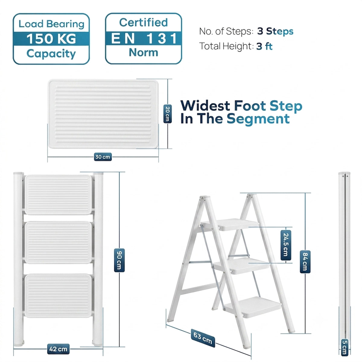 Corvids 3-Step Heavy-Duty Carbon Steel Step Stool, 2-Year Warranty, Anti-Slip Wide Steps, Portable Multipurpose Folding Step Ladder for Home, Kitchen & Office Use (White)-3