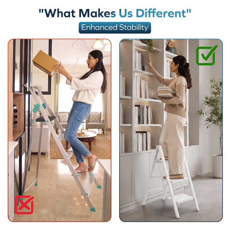 Corvids 3-Step Heavy-Duty Carbon Steel Step Stool, 2-Year Warranty, Anti-Slip Wide Steps, Portable Multipurpose Folding Step Ladder for Home, Kitchen & Office Use (White)-6