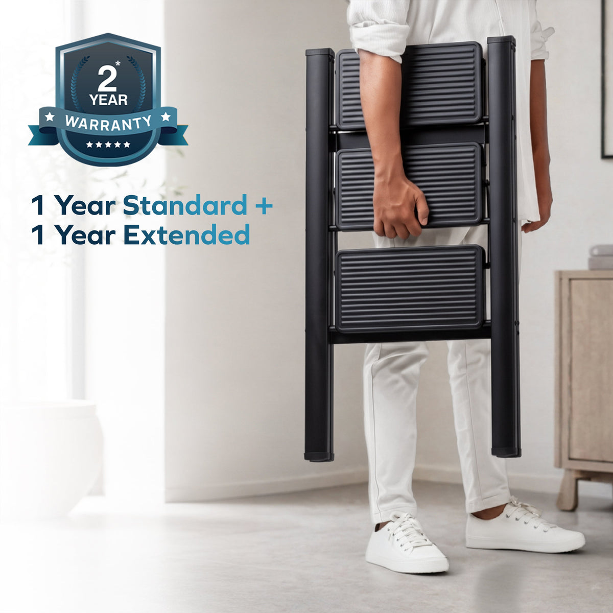 Corvids 3-Step Heavy-Duty Carbon Steel Step Stool, 2-Year Warranty, Anti-Slip Wide Steps, Portable Multipurpose Folding Step Ladder for Home, Kitchen & Office Use (Black )-7