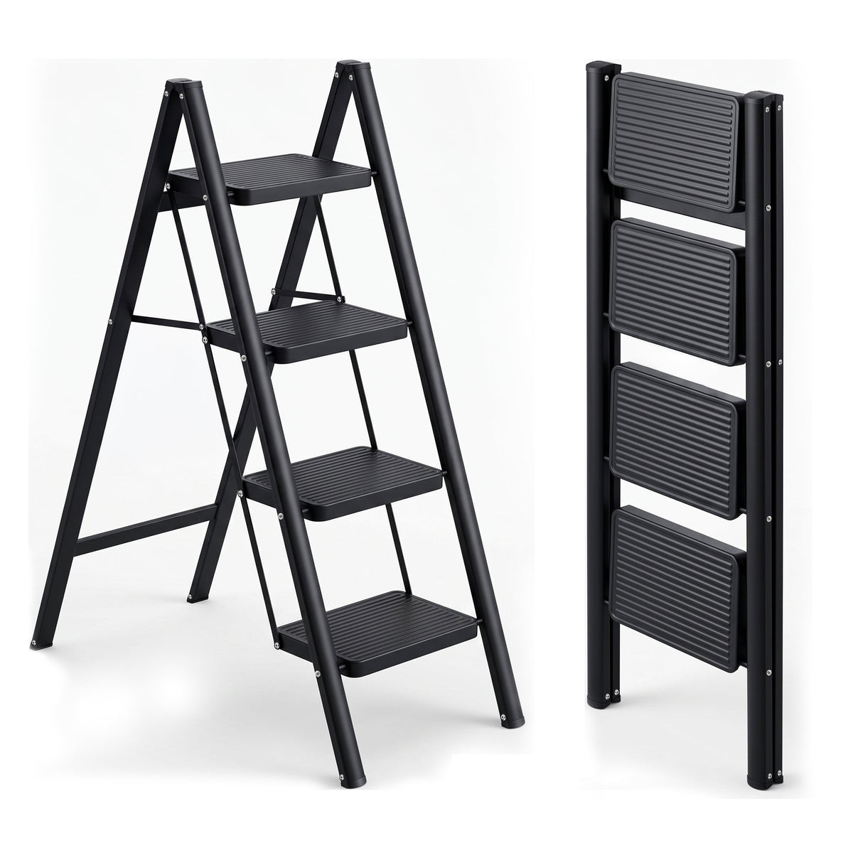 Corvids 4-Step Heavy-Duty Carbon Steel Step Stool, 2-Year Warranty, Anti-Slip Wide Steps, Portable Multipurpose Folding Step Ladder for Home, Kitchen & Office Use (Black )