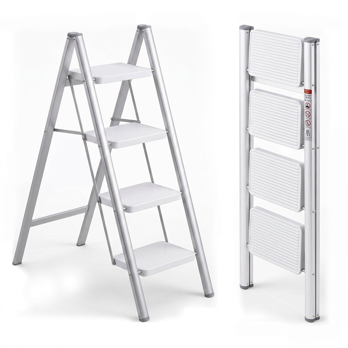Corvids 4-Step Heavy-Duty Carbon Steel Step Stool, 2-Year Warranty, Anti-Slip Wide Steps, Portable Multipurpose Folding Step Ladder for Home, Kitchen & Office Use (White)