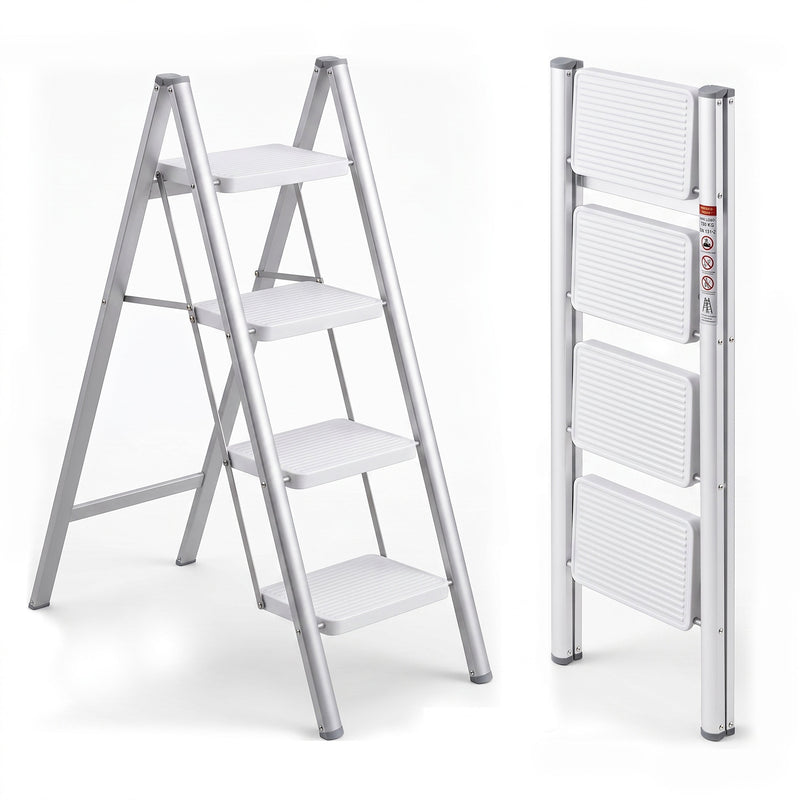 Corvids 4-Step Heavy-Duty Carbon Steel Step Stool, 2-Year Warranty, Anti-Slip Wide Steps, Portable Multipurpose Folding Step Ladder for Home, Kitchen & Office Use (White)-1