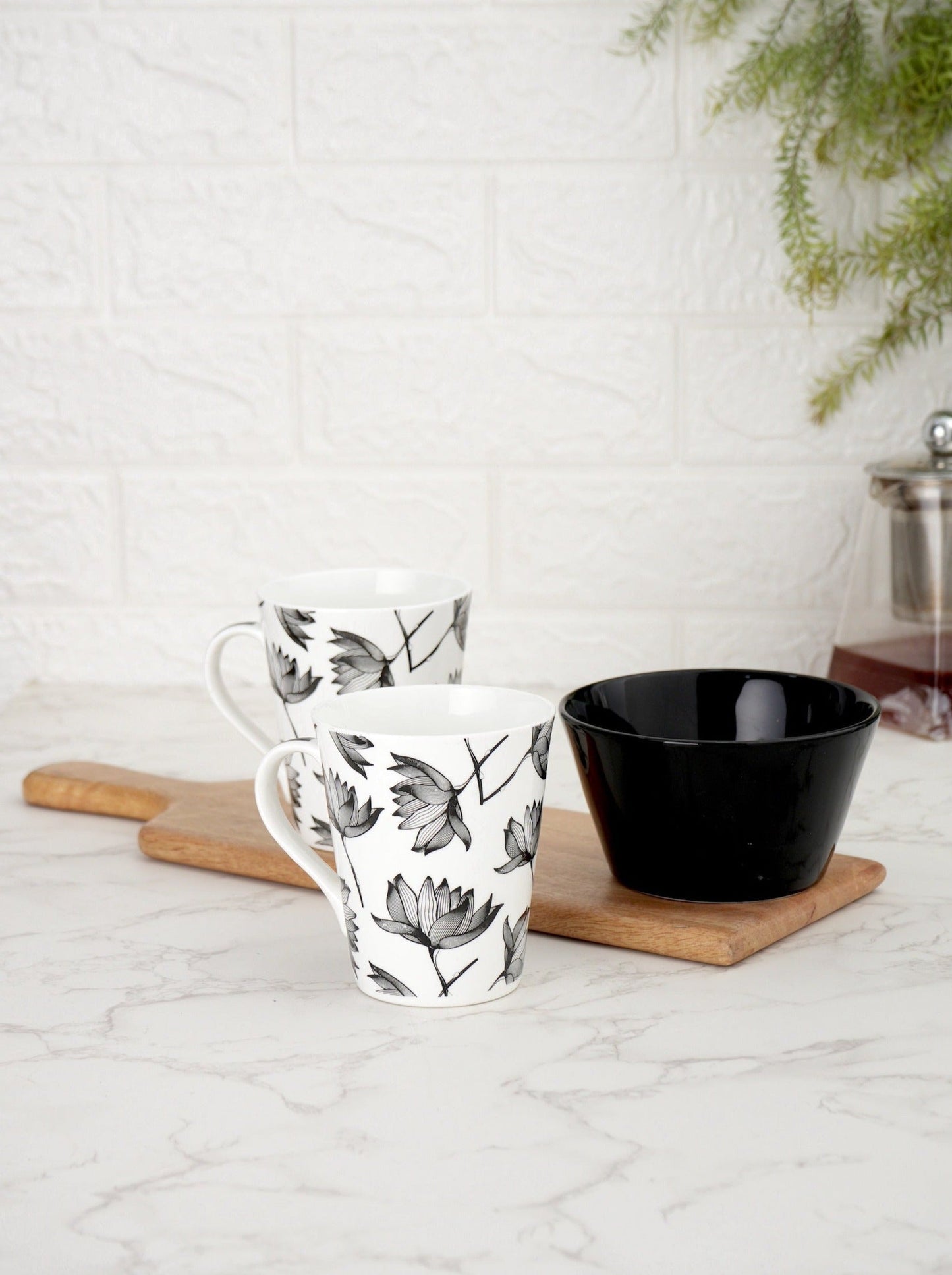 Ceramic Black & White Monochrome Mug and Bowl Snack Set (2 Mugs + 1 Bowl) (MC719)