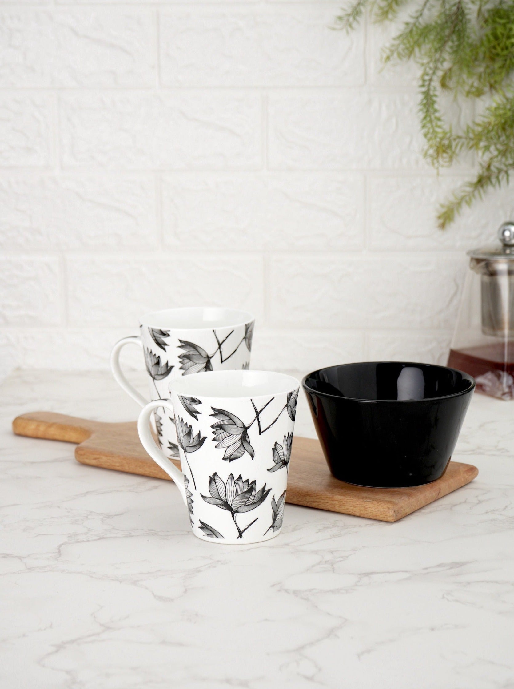 Ceramic Black & White Monochrome Mug and Bowl Snack Set (2 Mugs + 1 Bowl) (MC719)