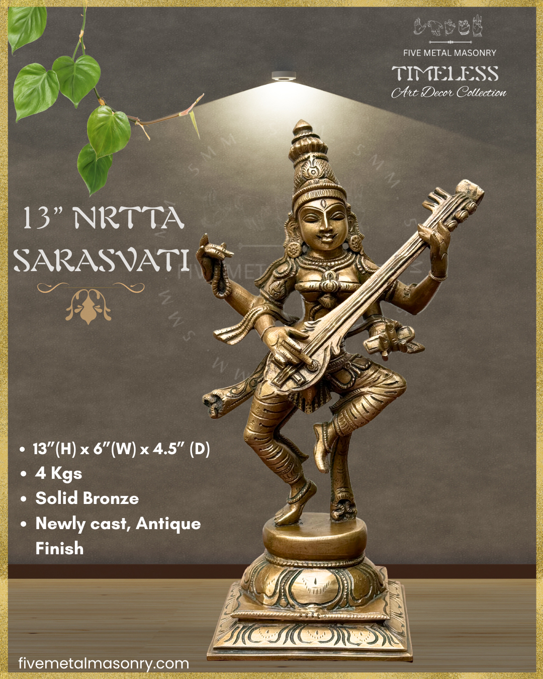 Nrtta (Dancing) Saraswati Panchaloha Bronze Icon - 13" - Timeless Collection