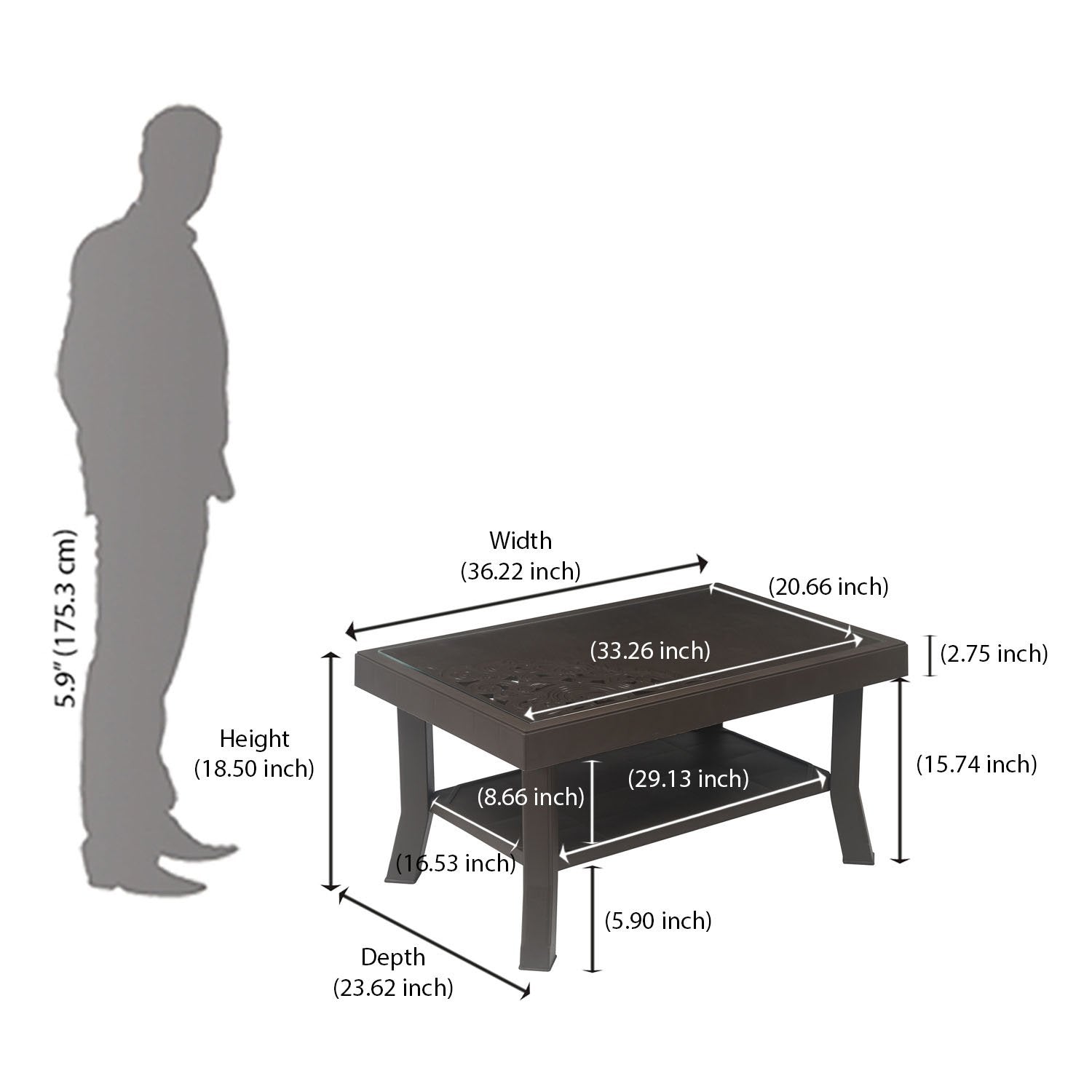 Nilkamal Center Table 2 Carv & Glass (Weather Brown)