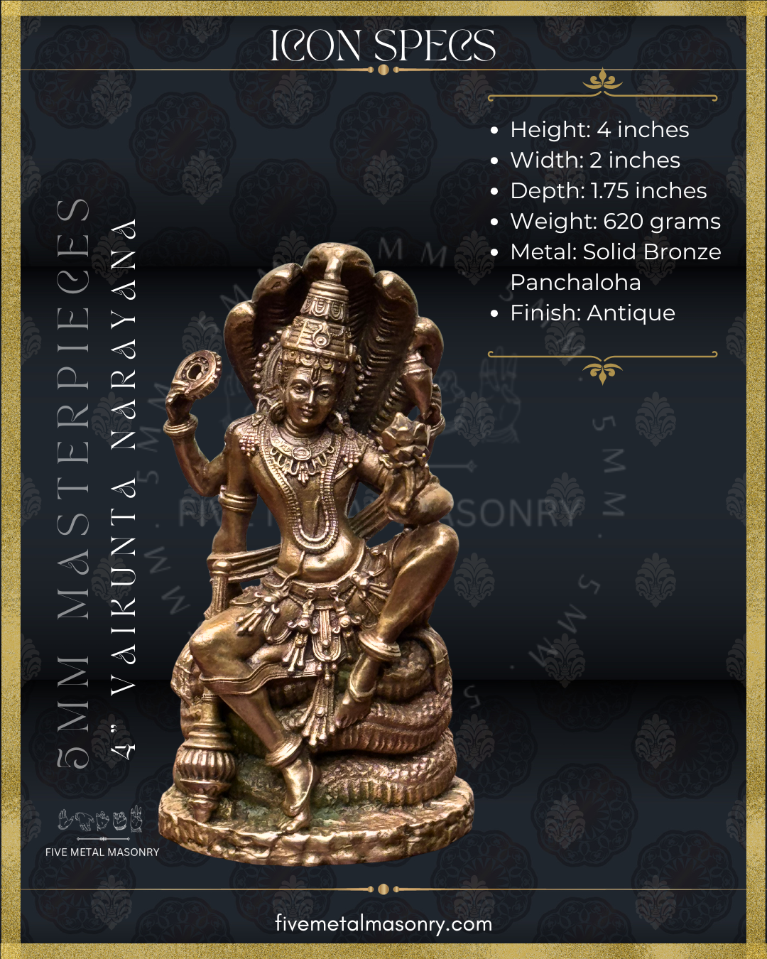 Vaikunta Narayana Panchaloha Bronze Icon - 4"-  Masterpieces Collection