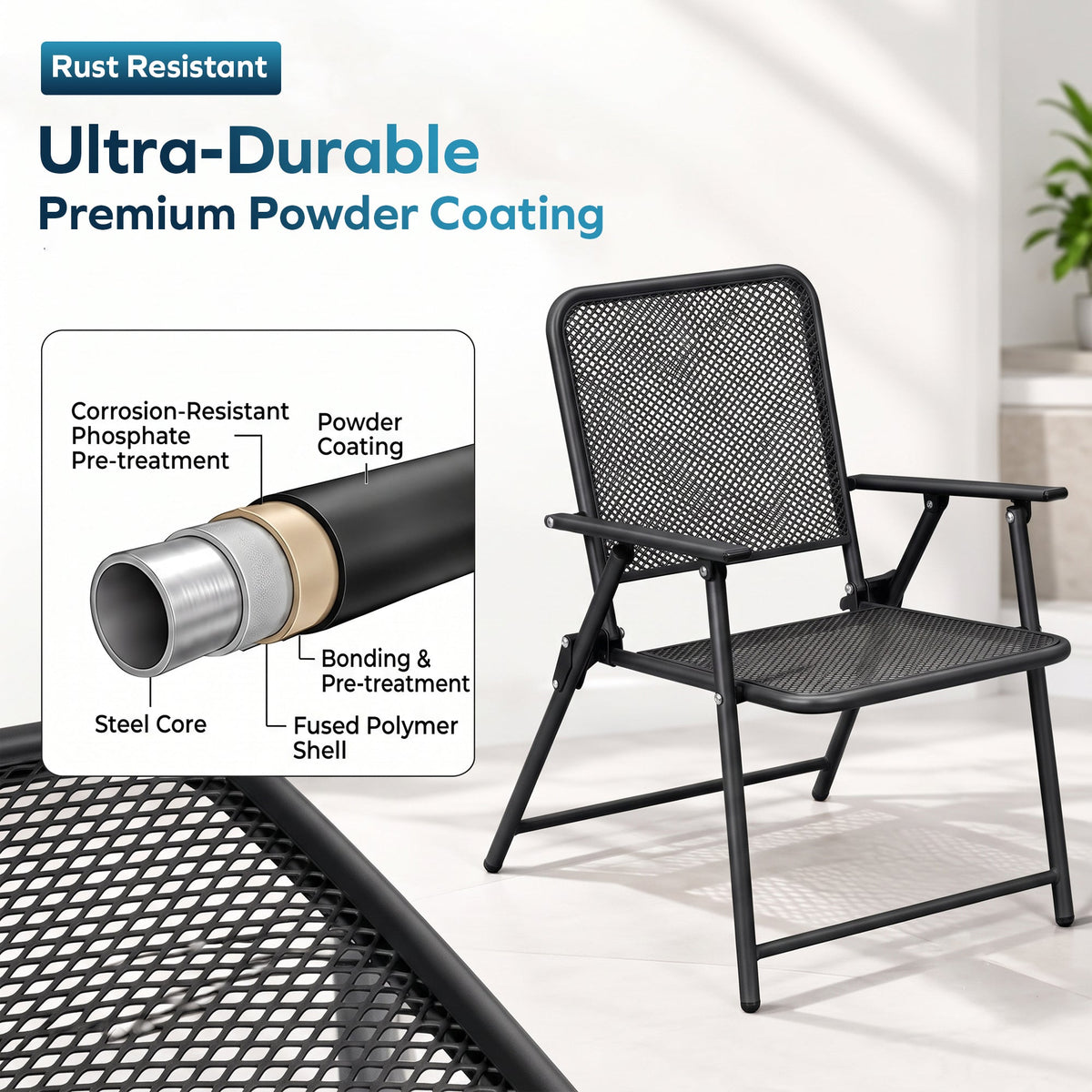Corvids Foldable Metal Camping Chairs with Armrest (Set of 2)| 120 KG Capacity, Ventilated Mesh Seat & Backrest | Rust-Resistant Portable Chair for Balcony, Garden, Patio & Indoor Use (Black)-3