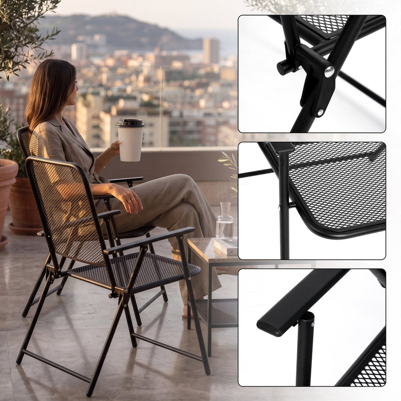 Corvids Foldable Metal Camping Chairs with Armrest (Set of 2)| 120 KG Capacity, Ventilated Mesh Seat & Backrest | Rust-Resistant Portable Chair for Balcony, Garden, Patio & Indoor Use (Black)-4