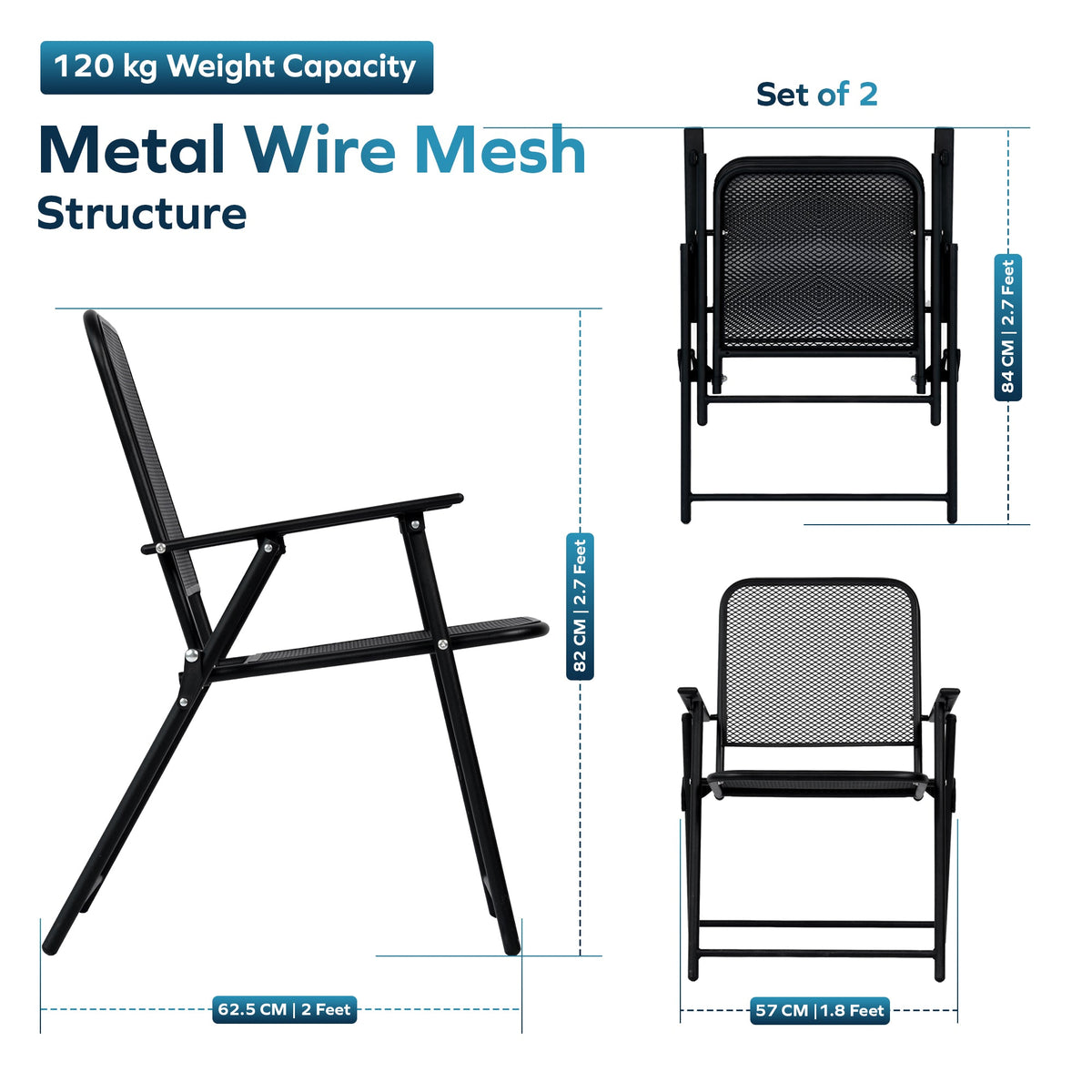Corvids Foldable Metal Camping Chairs with Armrest (Set of 2)| 120 KG Capacity, Ventilated Mesh Seat & Backrest | Rust-Resistant Portable Chair for Balcony, Garden, Patio & Indoor Use (Black)-2