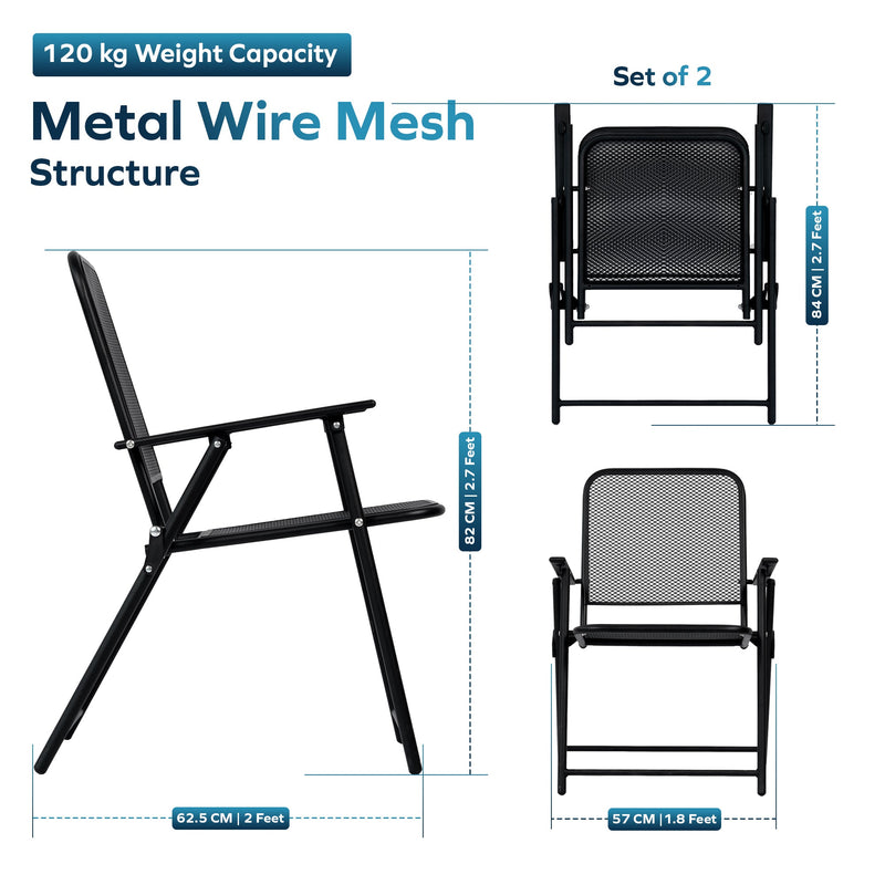 Corvids Foldable Metal Camping Chairs with Armrest (Set of 2)| 120 KG Capacity, Ventilated Mesh Seat & Backrest | Rust-Resistant Portable Chair for Balcony, Garden, Patio & Indoor Use (Black)-2