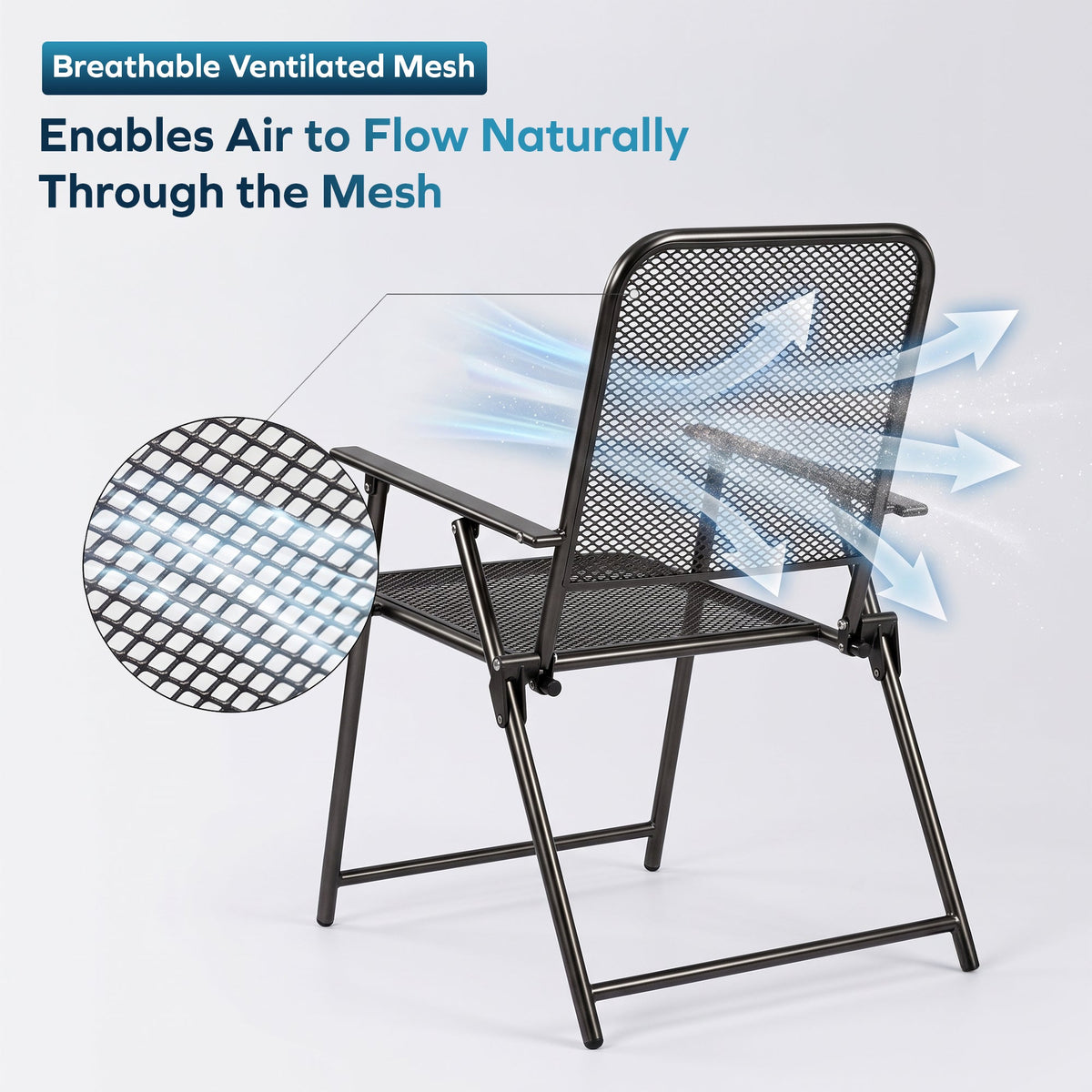 Corvids Foldable Metal Camping Chairs with Armrest (Set of 2)| 120 KG Capacity, Ventilated Mesh Seat & Backrest | Rust-Resistant Portable Chair for Balcony, Garden, Patio & Indoor Use (Black)-5