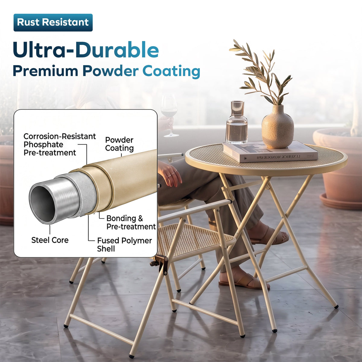 Corvids Foldable Round Metal Camping & Utility Table | 2 Year Warranty | 70 KG Capacity & Rust-Resistant Powder Coating | Portable Coffee & Bistro Table for Balcony, Garden, Patio & Indoor Use (Khaki)-6