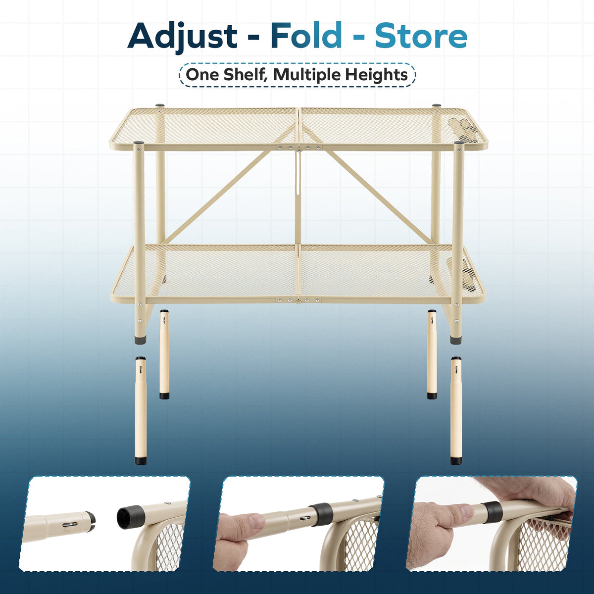 Corvids 3 Feet Foldable Metal Storage Shelf | Mesh Shelves, Adjustable Height & Compact Folding Design | Multipurpose Organizer for Kitchen, Living Room, Bedroom & Office (Khaki)-6