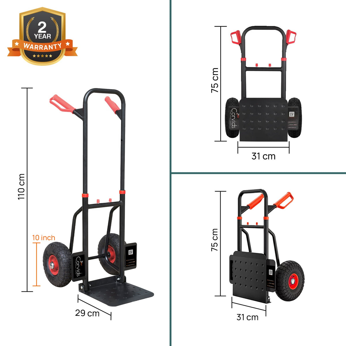 Corvids Heavy Duty 125 kg Mild Steel Foldable Hand Truck | Portable Push & Pull Dolly with Pneumatic Wheels & Extendable Handle-3
