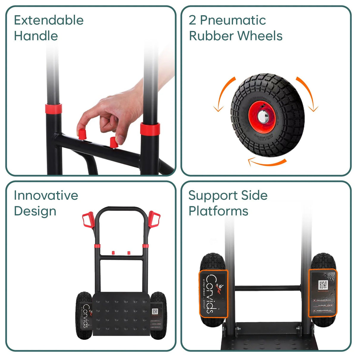 Corvids Heavy Duty 125 kg Mild Steel Foldable Hand Truck | Portable Push & Pull Dolly with Pneumatic Wheels & Extendable Handle-4