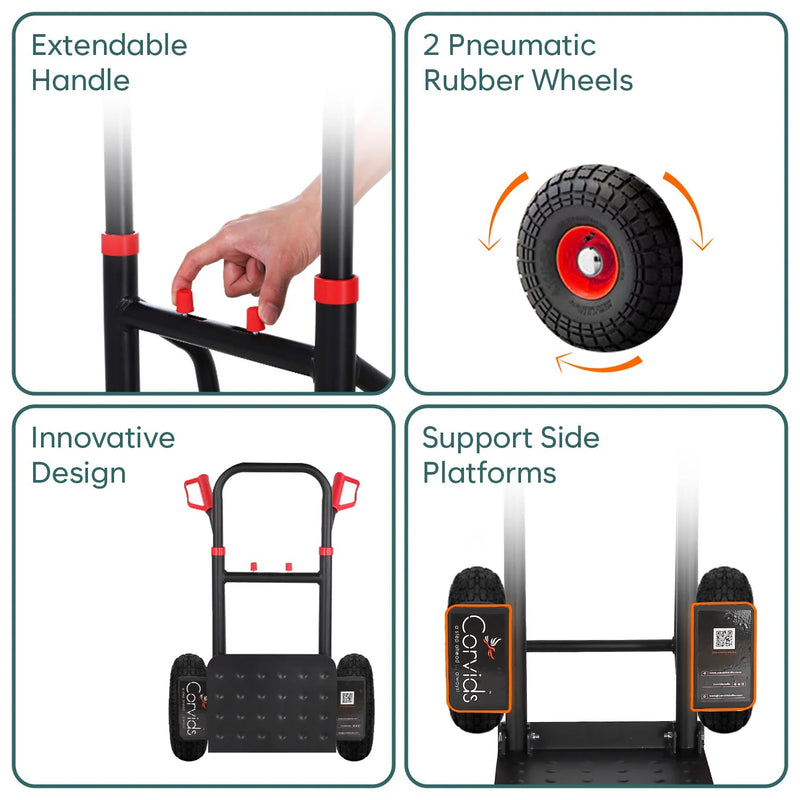 Corvids Heavy Duty 125 kg Mild Steel Foldable Hand Truck | Portable Push & Pull Dolly with Pneumatic Wheels & Extendable Handle-4