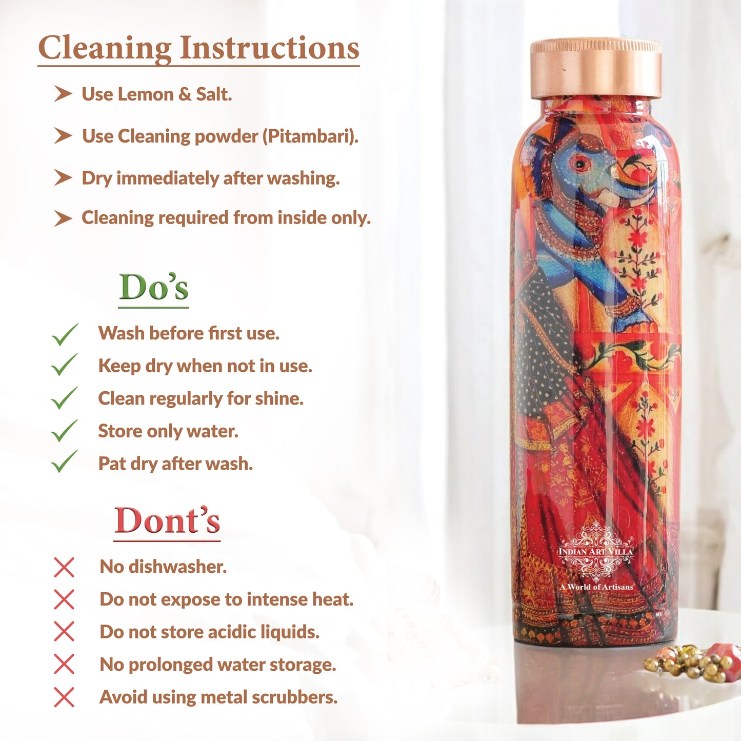 Tamba Bottle with Rajasthani Meena 'Padharo Mhare Desh' Design – 900 ML