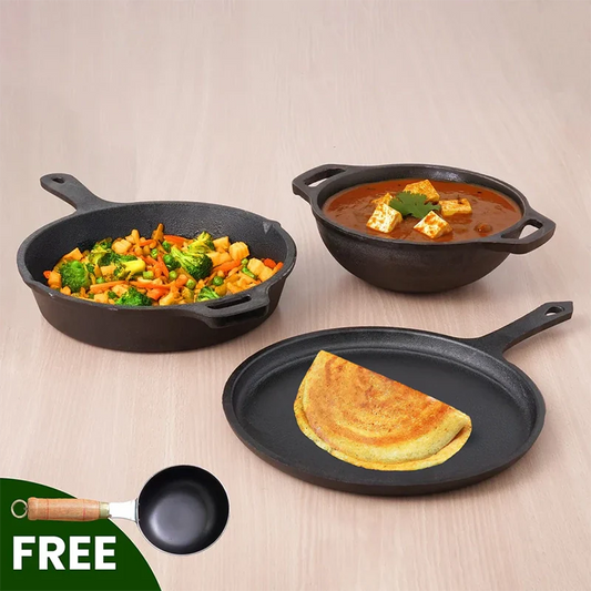 CASTrong Cast Iron Cookware Set: Tawa + Fry Pan + Wok Kadai, Kitchen set for Home, Pre-seasoned,100% Pure Cast Iron Cookware,Toxin-free Pots and Pans, Free Tadka Pan