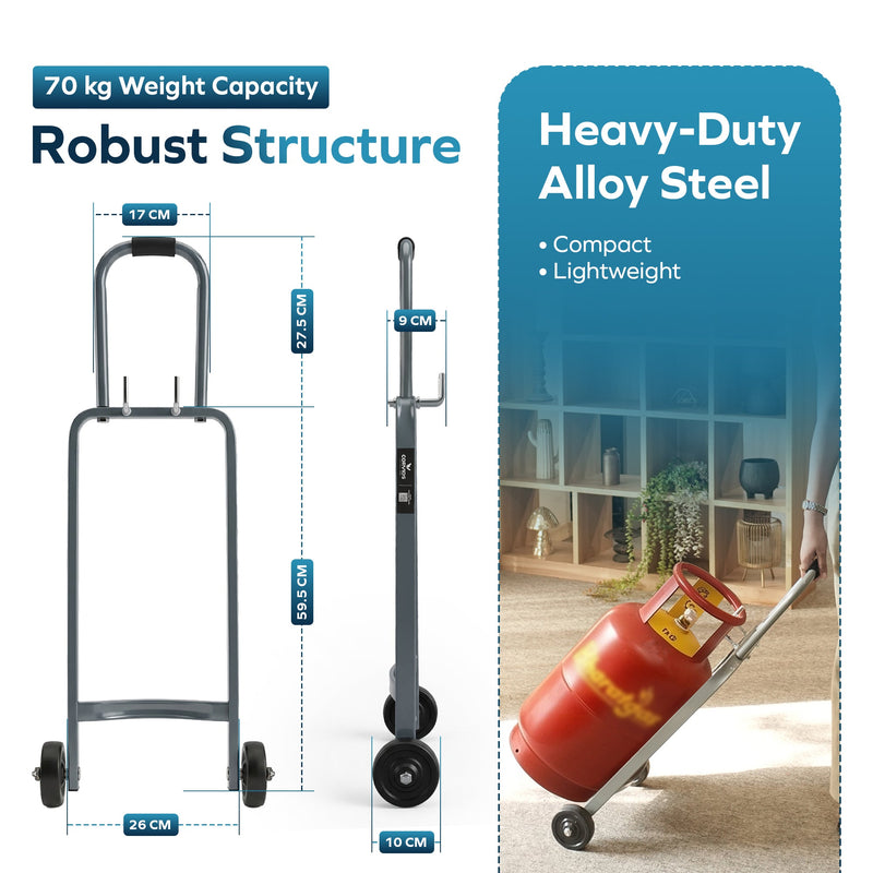 Corvids Heavy Duty Gas Cylinder Trolley with 2 Wheels & Hooks | 2-Year Warranty | Carbon Steel Frame, 4-Inch TPR Wheels, Padded Handle, LPG Cylinder Mover for Home & Kitchen, 70 KG Capacity (Grey)-2