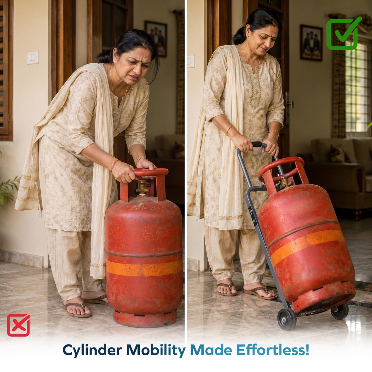 Corvids Heavy Duty Gas Cylinder Trolley with 2 Wheels & Hooks | 2-Year Warranty | Carbon Steel Frame, 4-Inch TPR Wheels, Padded Handle, LPG Cylinder Mover for Home & Kitchen, 70 KG Capacity (Grey)-4