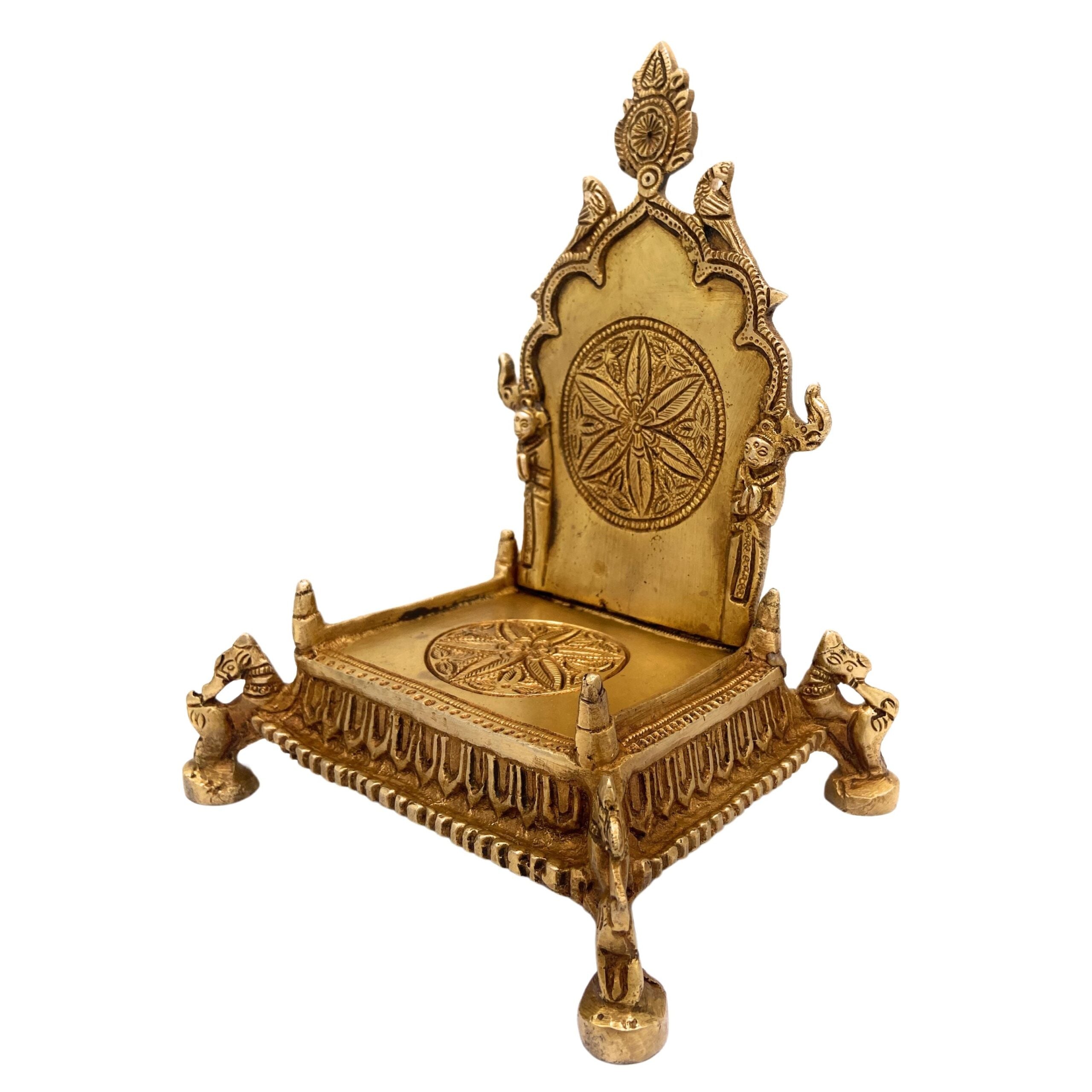 Brass Pooja Chowki with Prabhavali, Handcrafted Singhasan Peetha for God Idol, Mandir Bajot, Temple Stand, Gold, 8 Inch, 1 Piece