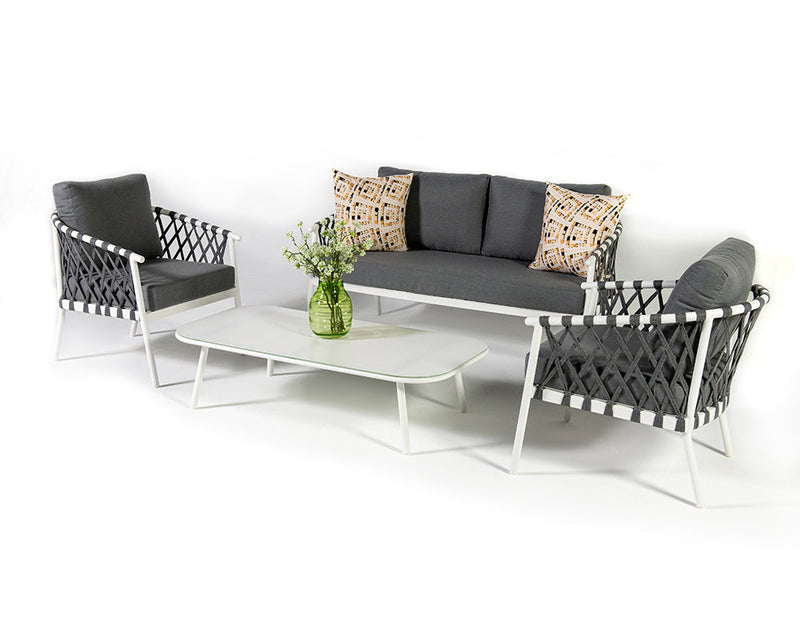 Etta Outdoor Sofa Set 2 Seater , 2 Single seater and 1 Center Table (White +Grey) Braided & Rope