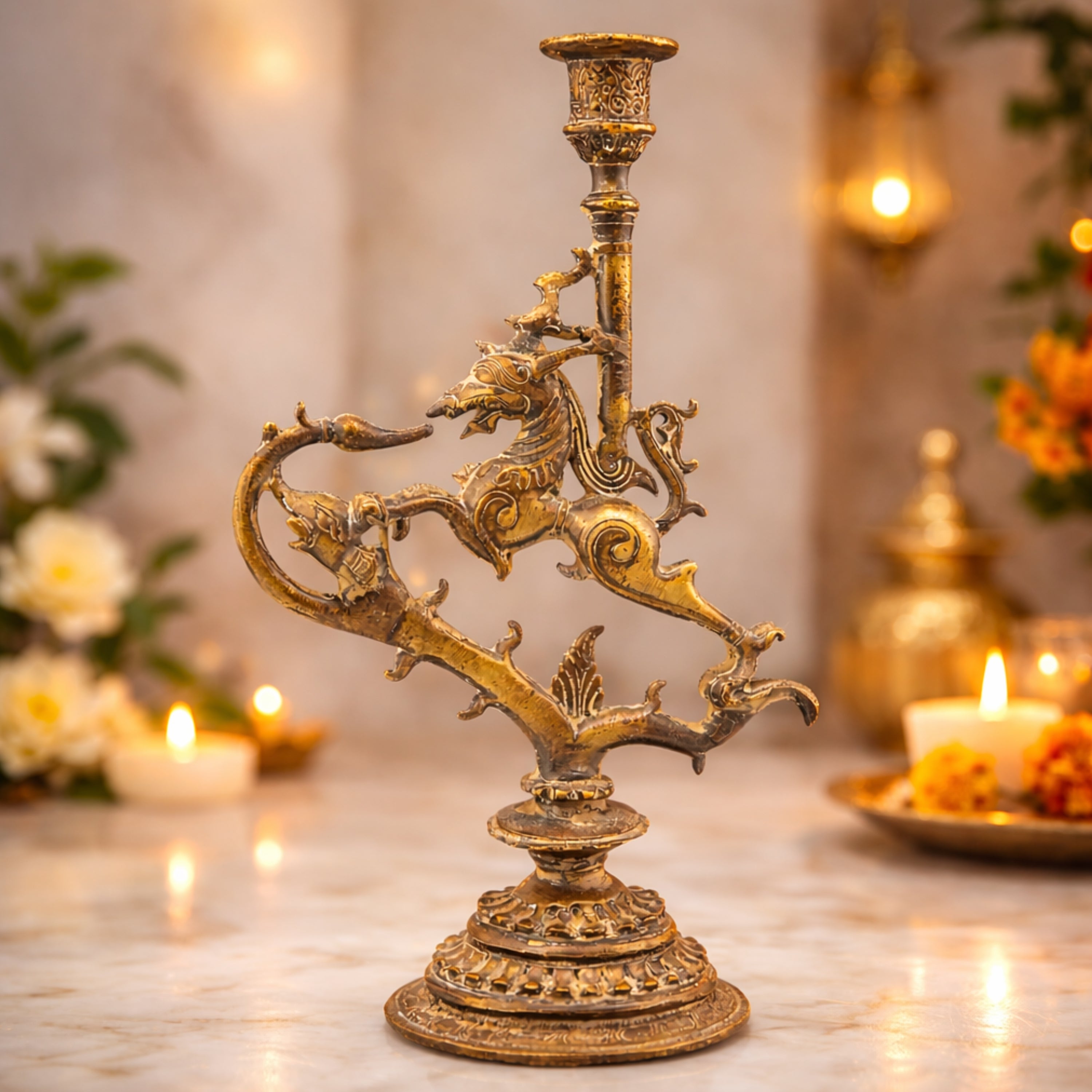 Brass Yali Candle Holder Stand, Handcrafted Lion (Sher) Pooja Deepam Stand for Temple, Diya, and Home Decor, Brown, 13 Inch, 1 Piece