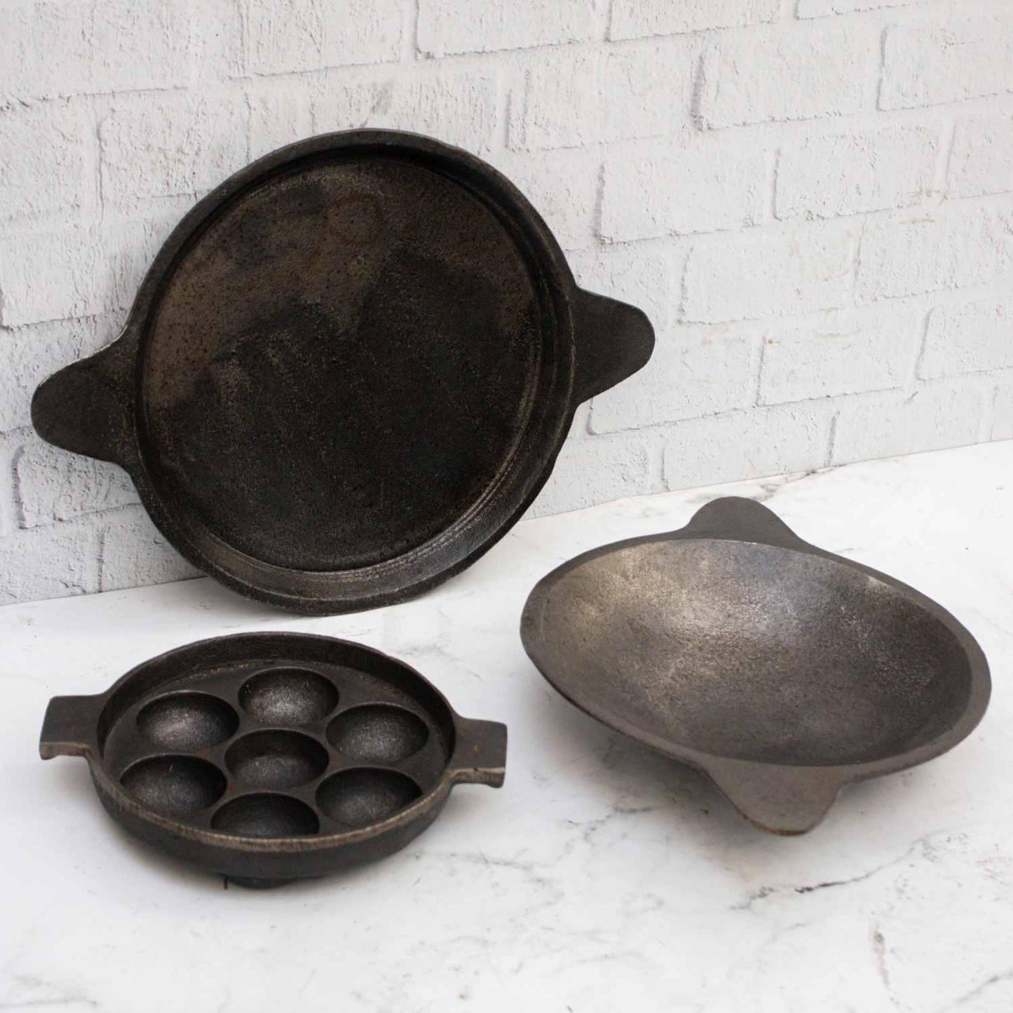 Cast Iron Combo: Kuzhipaniyaram pan, Appachatti, Raised Edge Pan