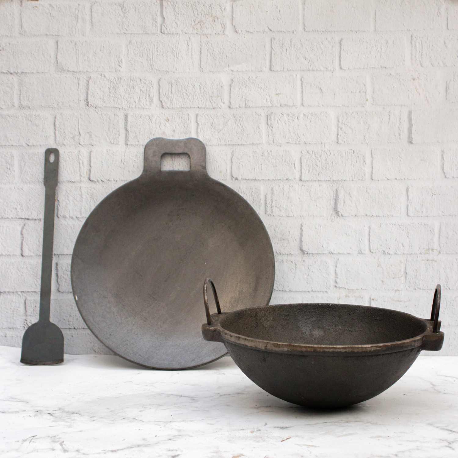 Cast Iron Kadai, Iron Tawa, Iron ladle Cookware Set
