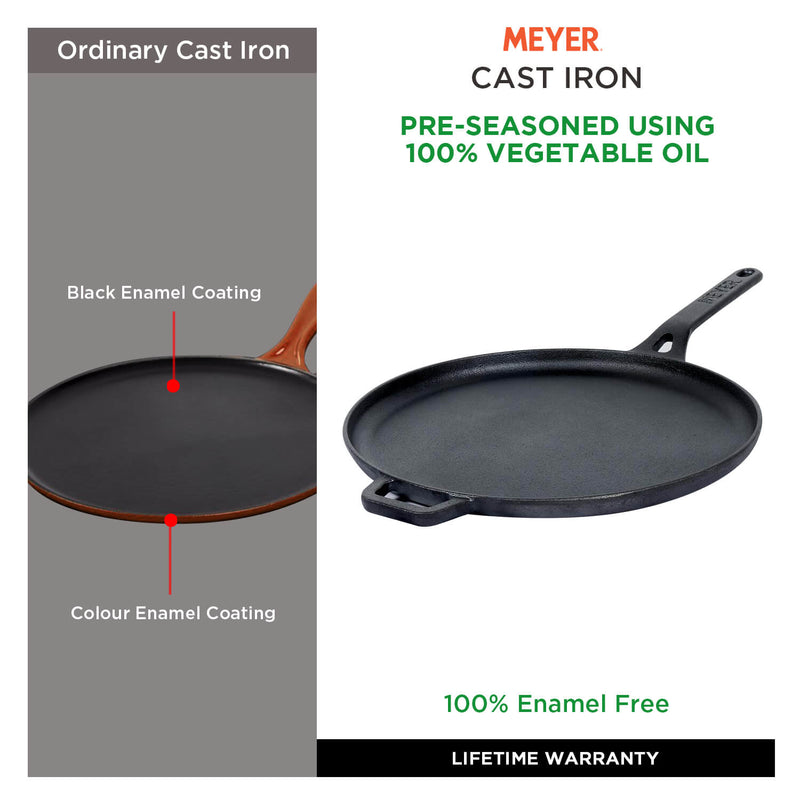 Meyer Pre Seasoned Cast Iron 2 Piece cookware Set 24cm Skillet + 28cm Flat Dosa tawa
