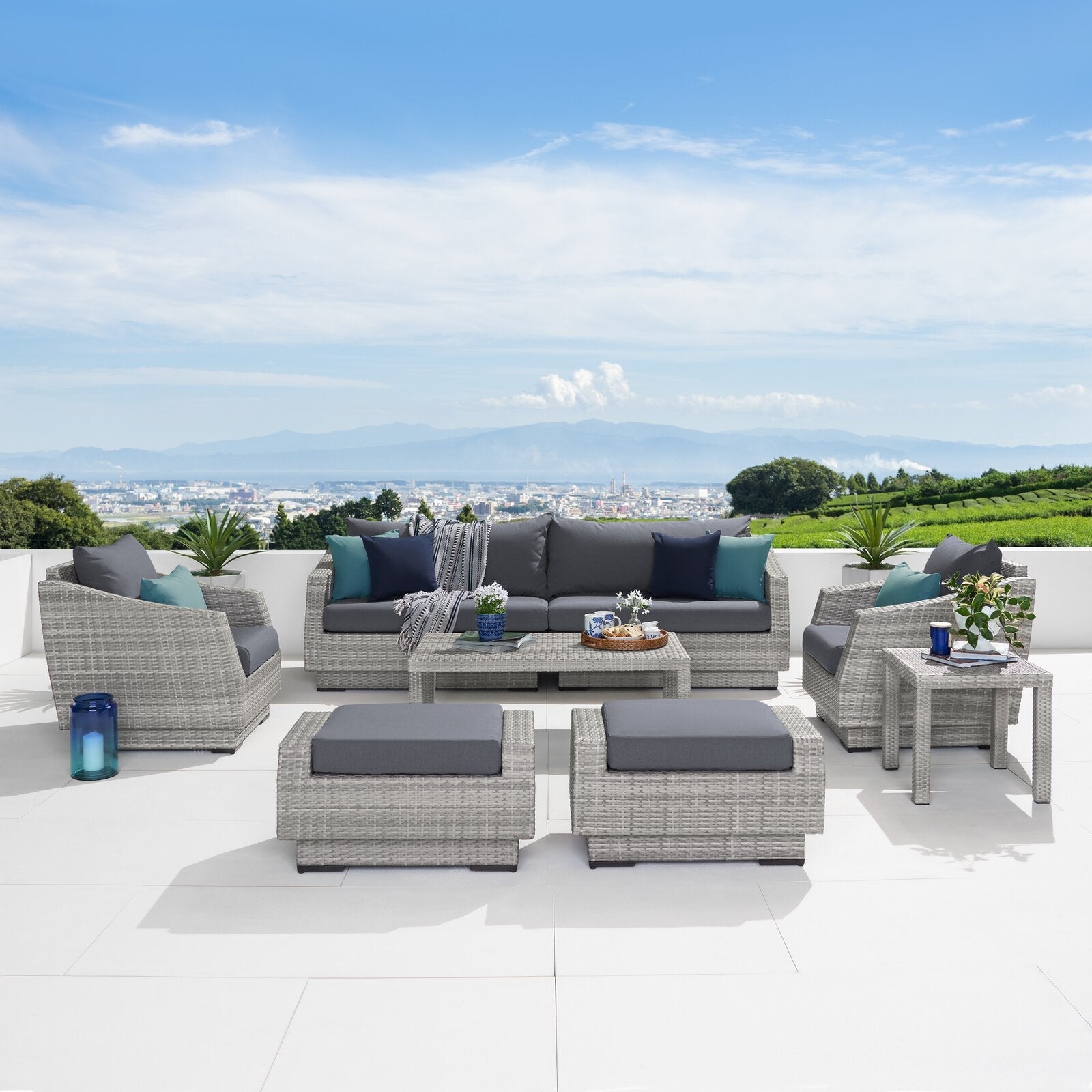 Floriana Outdoor Patio Sofa Set 3 Seater, 2 Single Seater , 2 Footstool , 1 Side table and 1 Center Table (Silver)
