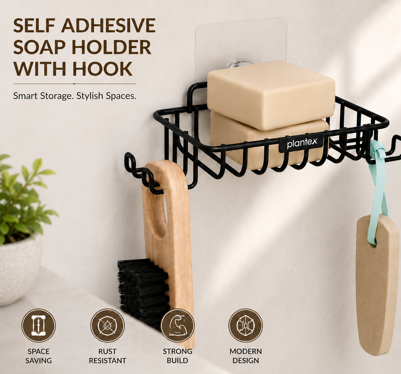 Plantex Self Adhesive GI Steel Soap Holder with Hook for Bathroom/Soap Stand/Wall Mounted Soap Holder Bathroom Accessories - (Black)-3