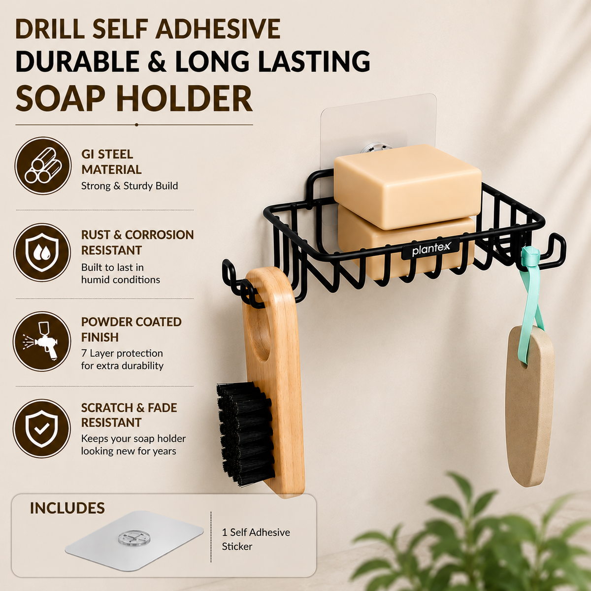 Plantex Self Adhesive GI Steel Soap Holder with Hook for Bathroom/Soap Stand/Wall Mounted Soap Holder Bathroom Accessories - (Black)-5