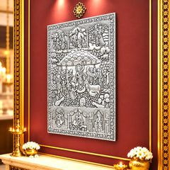 Govardhan Giridhari Krishna Silver Plated Copper Wall Hanging