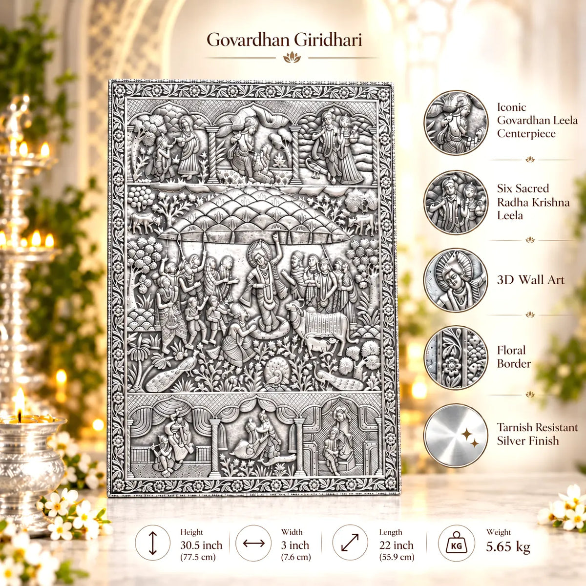 Govardhan Giridhari Krishna Silver Plated Copper Wall Hanging