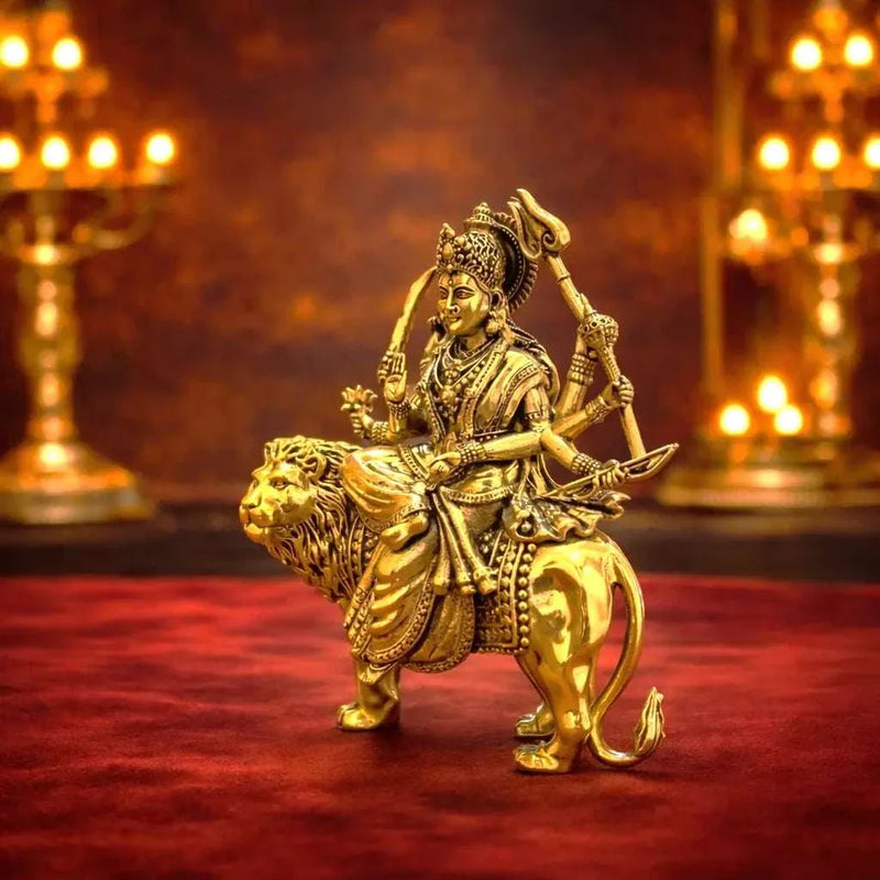 Brass Lightweight Goddess Durga Idol Sitting on Lion