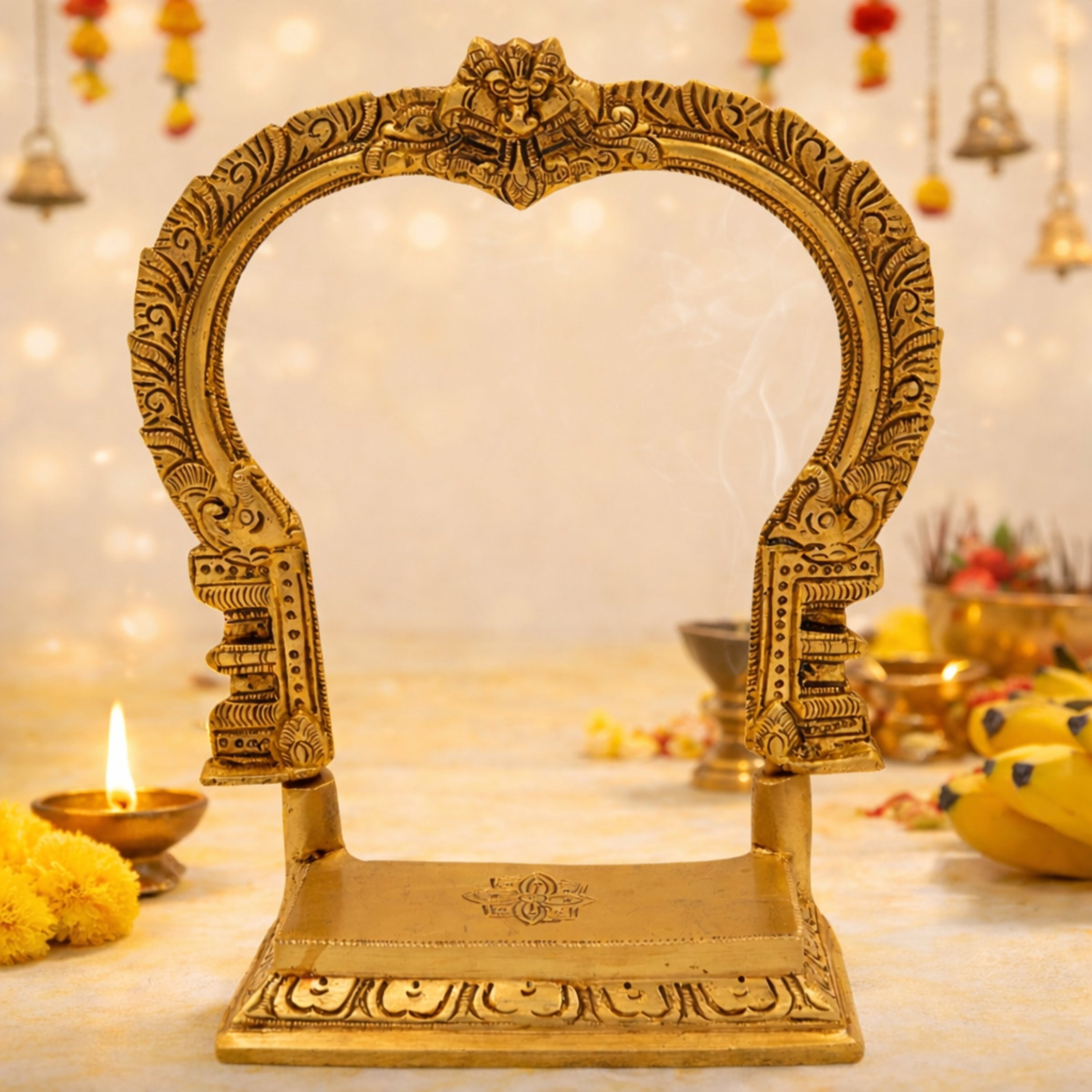 Brass Shinghashan Chowki with Prabhavali, Handmade Peetha, Singhasan, Bajot Stand for Temple, Deity Idol Frame, Mandir Decor, Gold, 8 Inch, 1 Piece