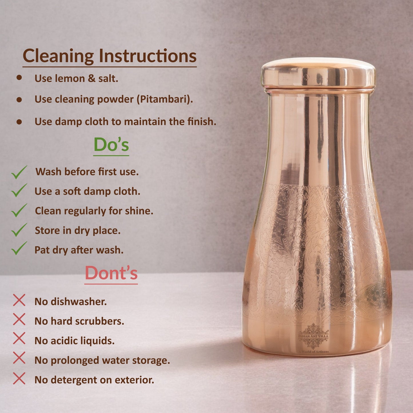 Pure Copper Embossed Bedroom Bottle With Inbuilt Glass