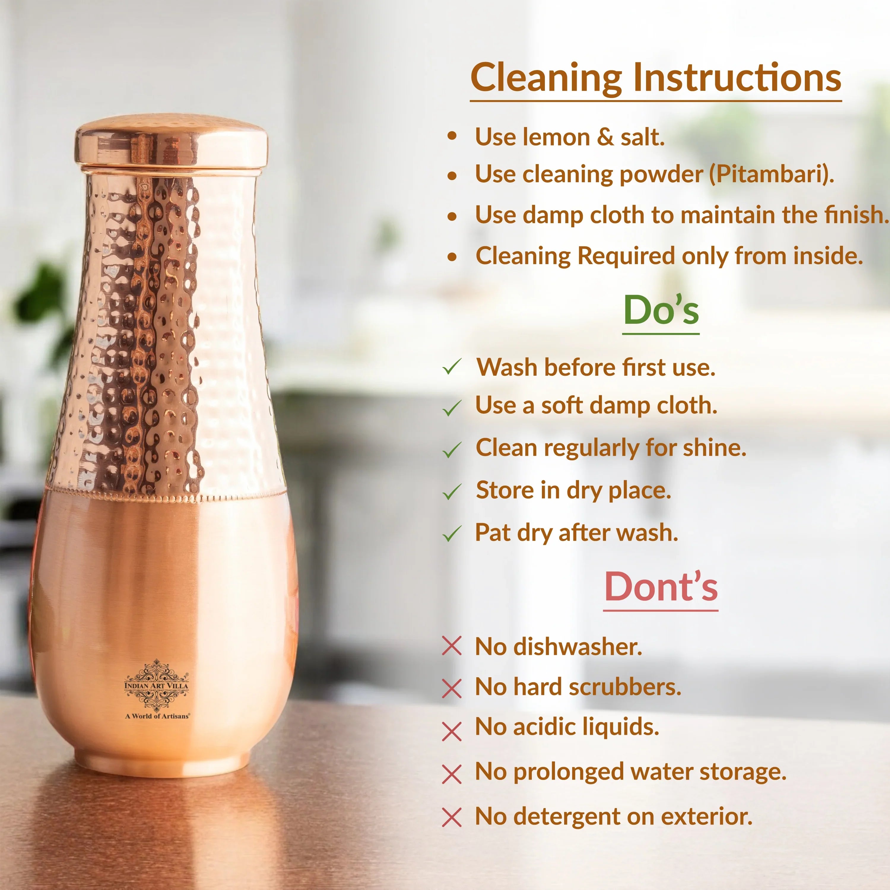 Copper Bedroom Bottle With Half Lacquer & Half Hammered Design