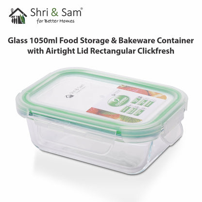 Glass 1050ml Food Storage & Bakeware Container with Airtight Lid Rectangular Clickfresh