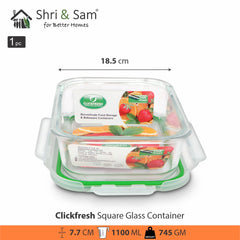 Glass 1100ml Food Storage & Bakeware Container with Airtight Lid Square Clickfresh