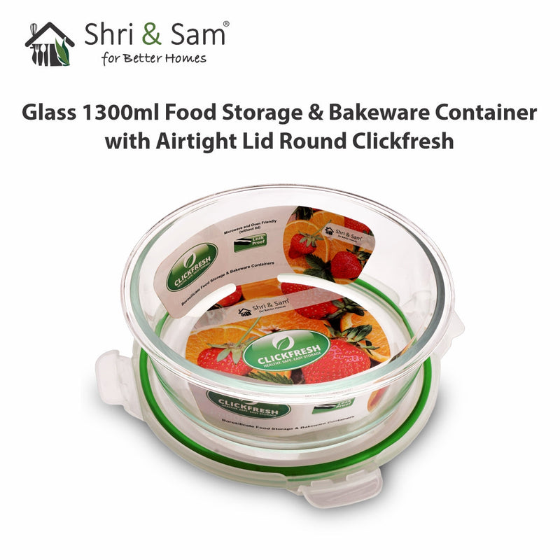 Glass 1300ml Food Storage & Bakeware Container with Airtight Lid Round Clickfresh