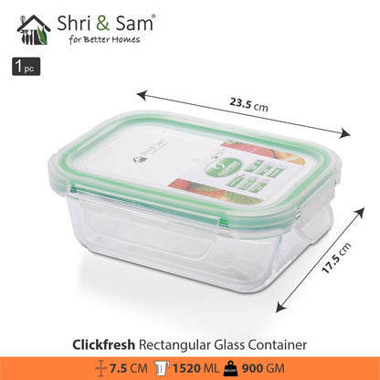 Glass 1520ml Food Storage & Bakeware Container with Airtight Lid Rectangular Clickfresh
